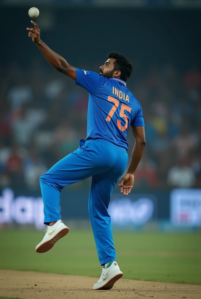 Give me a blue jersey with INDIA written on the back of the jersey. Cricket player wearing white sneakers. Three quarter back close-up,Pitching,Show back, 8k detail, 8k detail, Zoom out, Very very low quality image, ( ( Dark Skin ) ), Available images, Low quality granular, enlarge, 16k enlarge图像