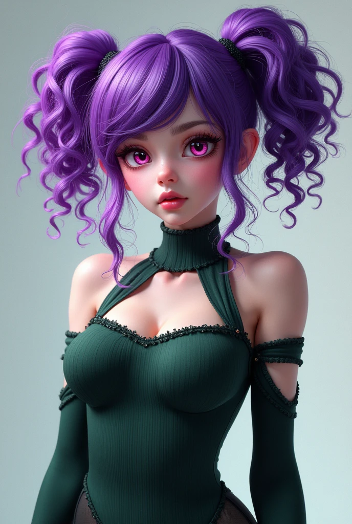 her hair is curly purple grape in two pigtails down. Her eyes are pink, Has white skin.Wears a tight greenish black dress and thigh length, her dress has long sleeves with holes and has a neck strap, wears heels.