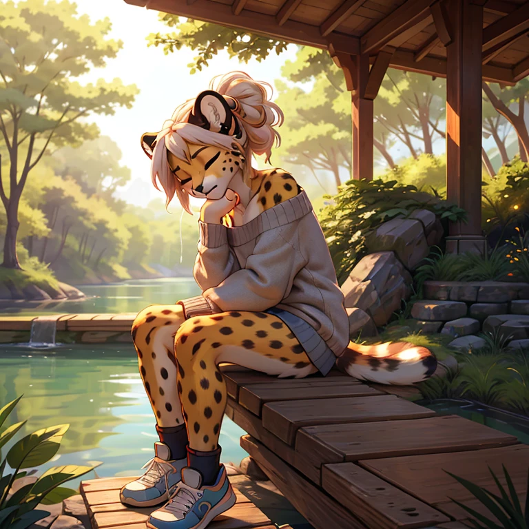 A beautiful, (masterpiece), high quality, perfect lighting, highly detailed Unity 8k wallpaper, high resolution, perfect lighting, youthful, adolescent, tall, slim, skinny, frail slender figure, slim legs, distinctly feminine figure, narrow hips, long legs, close-up shot of a unique female cheetah character. She has sleek, golden-yellow fur with distinctive black spots tered across her body, adding to her natural elegance. Her hair is styled in a loose, messy bun, with a few strands escaping to frame her face. Her eyes are a striking blue, filled with a playful spark.
She is dressed in casual, loose clothing: an oversized, off-the-shoulder sweater in a soft, heather grey fabric, paired with comfortable, loose-fitting joggers in a matching color. She wears simple, white sneakers and a few casual accessories, including a woven bracelet and a pair of small, stud earrings. She has a messenger bag slung across her body, its strap decorated with various pins and patches.
The character is posed in a candid, relaxed moment, sitting on the edge of a wooden pier with her legs dangling over the water. She is leaning back on her hands, her face tilted up to enjoy the warmth of the sun, eyes closed in contentment. The background is a softly blurred lakeside scene with calm water and distant trees, enhancing the serene and laid-back atmosphere. The lighting highlights the texture of her fur and the softness of her clothing, creating an inviting and tranquil scene that captures a peaceful, everyday moment.