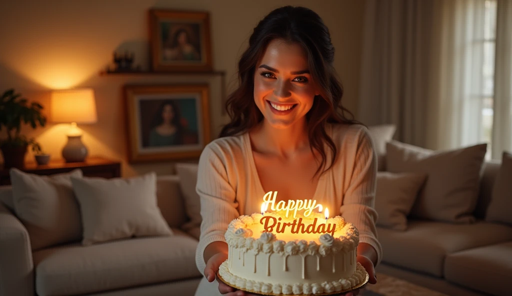 A beautiful lady, her eyes sparkling with joy, leans forward with a radiant smile, offering a birthday cake. The cake is meticulously decorated with delicate flowers and the words "Happy Birthday Fereshteh" written in luxurious gold icing. She stands in a cozy living room adorned with plush furniture and warm lighting, creating an inviting, hyper-realistic atmosphere.


