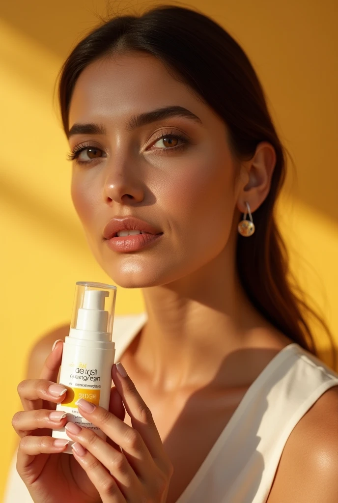Pakistani model, holding sunscreen in hands, photography