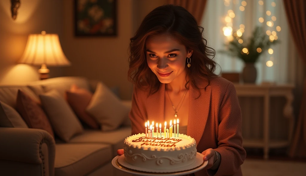 In a warmly lit, elegantly decorated living room, a beautiful lady leans forward, her smile exuding warmth as she presents a beautifully crafted birthday cake. The cake, featuring intricate designs and the words "Happy Birthday Fereshteh" in perfect, high-quality icing, enhances the cozy and luxurious ambiance of the room. The scene is captured with hyper-realism.

