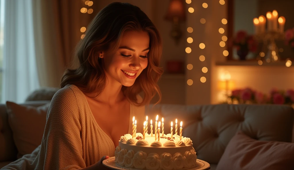 In a warmly lit, elegantly decorated living room, a beautiful lady leans forward, her smile exuding warmth as she presents a beautifully crafted birthday cake. The cake, featuring intricate designs and the words "Happy Birthday Fereshteh" in perfect, high-quality icing, enhances the cozy and luxurious ambiance of the room. The scene is captured with hyper-realism.