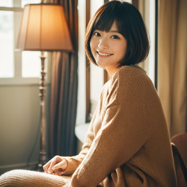A portrait of a Japanese woman in her 20s, sitting in a room, wearing comfortable loungewear, with a bob haircut in brown, showing a beautiful smile. The setting is realistic, capturing the essence of everyday life, with a focus on a natural and warm atmosphere. Photorealistic style, high-resolution, natural lighting, soft background blur to emphasize the subject