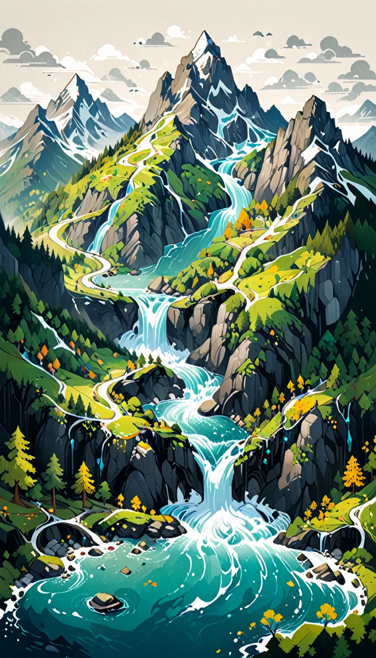 impressive painting of a mountain with trees and water, a detailed painting by Petros Afshar, shutterstock contest winner, environmental art, detailed painting, outlined art, 2d game art, isolated background for logo, strong contours, logo design