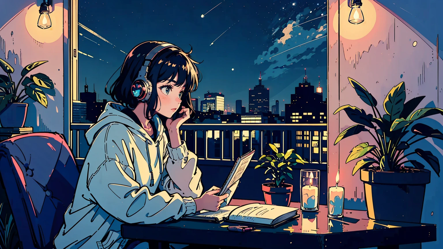 Cozy night balcony workspace, anime style, one young cute girl studying, wearing headphones and oversized hoodie. A notebook. One cat. String lights and potted plants hanging, starry night sky backdrop. Warm ambient lighting from candles and fairy lights. City skyline in distance. Lo-fi aesthetic.