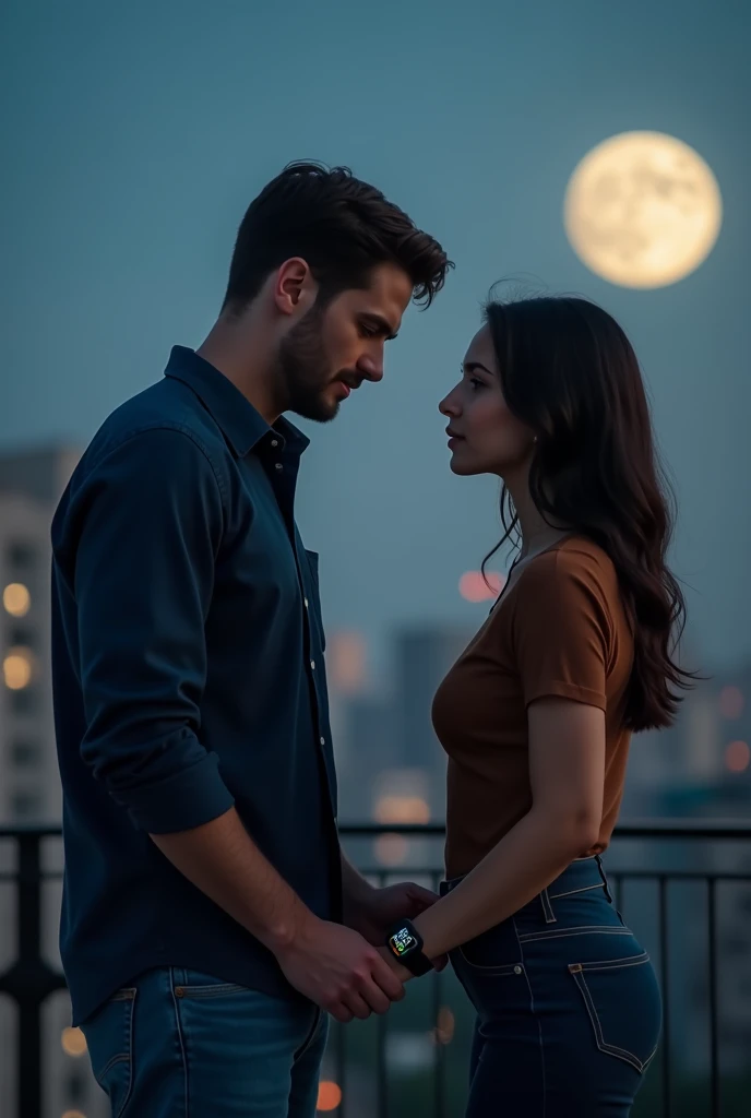 The lovers broke up on the rooftop at night. The men were wearing dark blue shirts and jeans and smart watches, while the women were wearing brown tops and jeans.