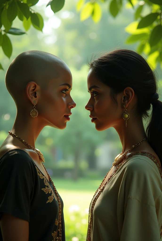 There are two young teenage females in an Indian park, both are 2, one's name is Shreya bald head, Both are very beautiful and there is a lot of tension between them, I mean the thing is that they both are very beautiful 