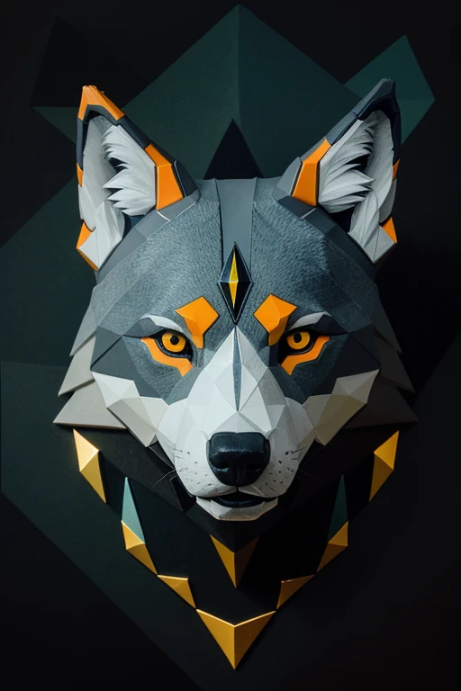 A wolf's head made up of triangles with complex colors and details that clearly show the wolf's head. The drawing is of the surrealist type. The details of the wolf's face are clear. The colors used are blue, green, yellow, red, tan, orange, black, white, and gray. The image has a sense of dominance and power.