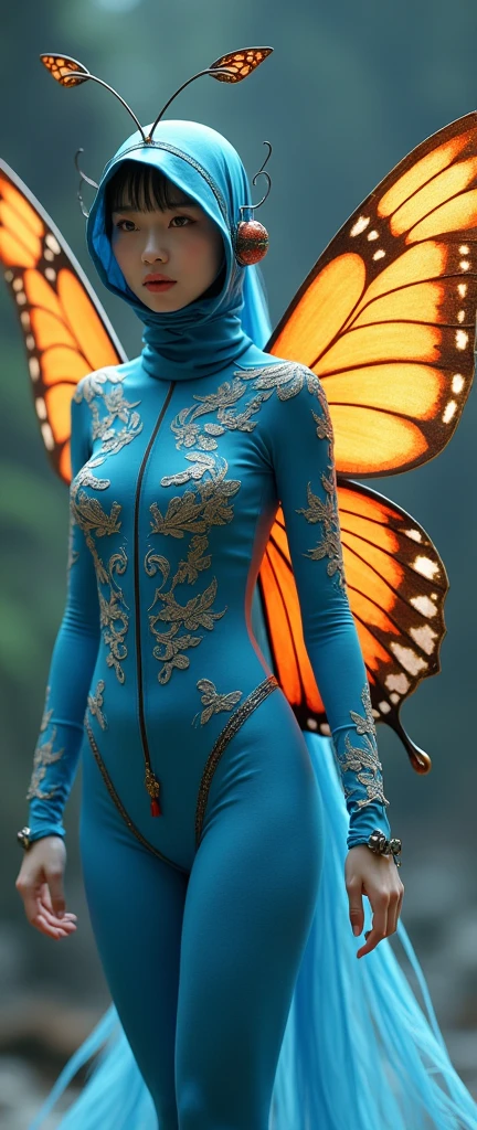 a most beautiful Chinese woman named Cikgu Soon wears blue beautiful butterfly turtleneck zentai unitard catsuit with a pair of beautiful orange butterfly Wings.She wears a hijab-like hood.Her hijab-like hood has a pair of antennae