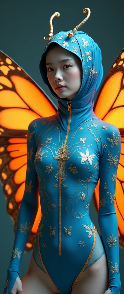 a most beautiful Chinese woman named Cikgu Soon wears blue beautiful butterfly turtleneck zentai unitard catsuit with a pair of beautiful orange butterfly Wings.She wears a hijab-like hood.Her hijab-like hood has a pair of antennae