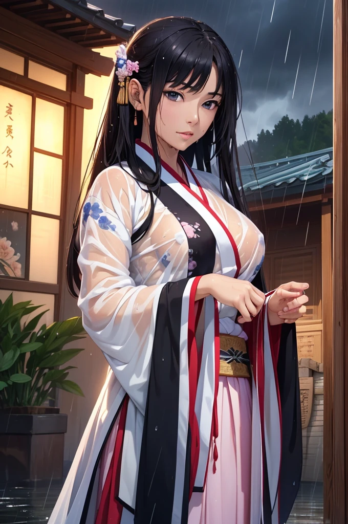 Grassland after the rain、Rich historical background. (Highest quality,4K,8k,High resolution,masterpiece:1.2), Very detailed, (Realistic,Realistic,Photorealistic:1.37), High resolution, Hyper HD, Studio Lighting, Ultra-fine painting, Sharp focus, Physically Based Rendering, Very detailed説明, Professional, Vibrant colors, Bokeh, Sports Late, Ancient War Landscapes, Traditional Chinese Painting Techniques, Atmospheric lighting, Vivid color contrast, Visually stunning composition, Ethereal atmosphere,Very detailed目と顔, Beautiful attention to detail, Light on the face, (Hanfu: 1.1),My whole body is wet、My clothes are wet and transparent、Nipples are visible、nipples color pale pink、Dynamic pose、Rain clouds spreading across the sky、Heavy rain weather、Pouring rain、Wind and rain storm、((Soaked skin from head to toe))、((Rain-soaked clothes(Rain dripping from clothes))、((The lines of your body are clearly visible through your wet clothes..))