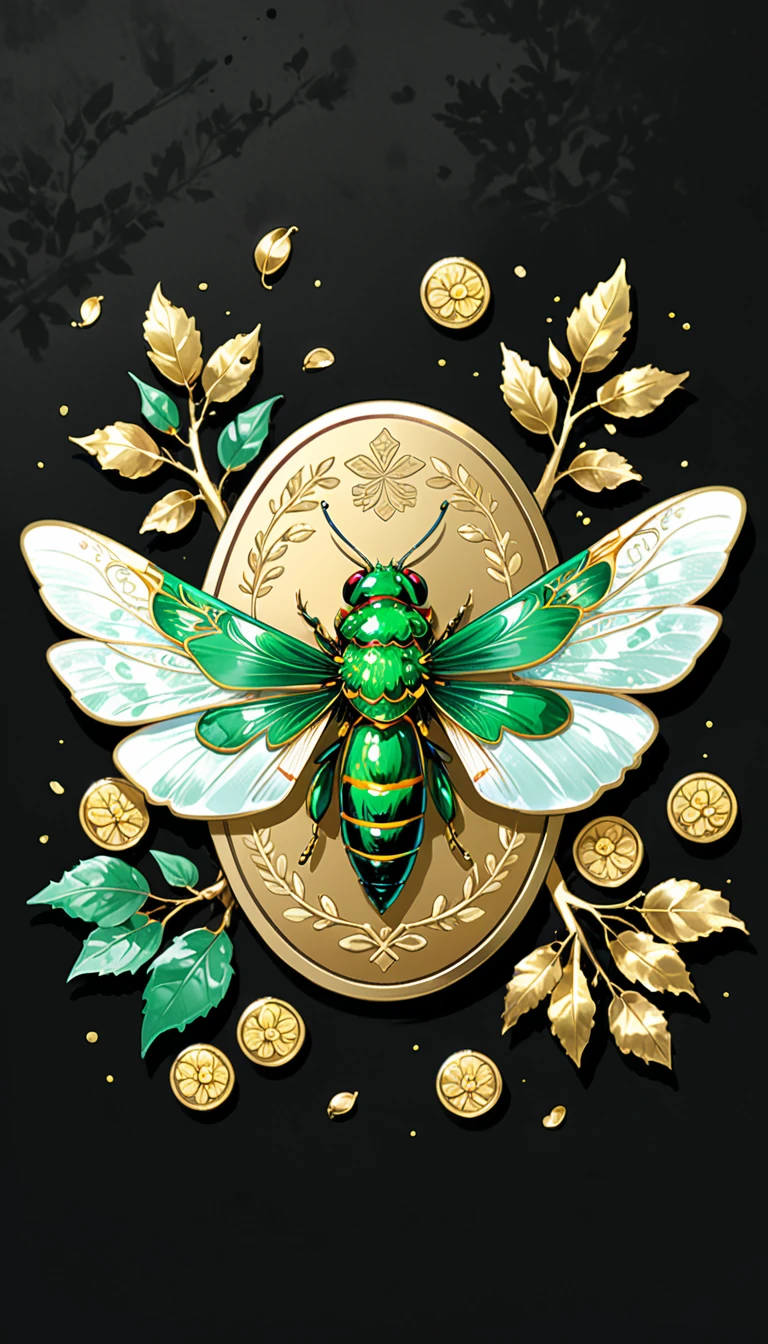 1sticker,a sticker, Nikkaze,(A tree full of gold coins),(Brilliant décor),(Fortune cicada),(Traditional coats of arms),gold coins,Golden branches and jade leaves,Background brushstrokes in ink style,water ink, white backgrounid, nothing background, simple backgound, dk, badges,logo, pastel colour, vectorstyle, no gradien