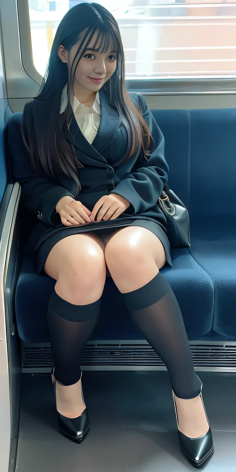 (((Sit well))), Beautiful Japanese woman sitting on a train seat, Taken from the opposite seat, Knee height seat, View Photographer, Tall Woman, One Woman, Full body to toes, (Happy expression of wanting to see more), skirt, High heels, Wearing pantyhose, ((Highest quality)), ((Intricate details)), ((Surreal)), Mature Woman, Very detailed, (Extremely large breasts bigger than a face), Perfect hands, Finger details, Beautiful and detailed, Long black hair, Brown eyes, Detailed Background, Perfect Eyes, Captivating eyes, Random Hairstyles