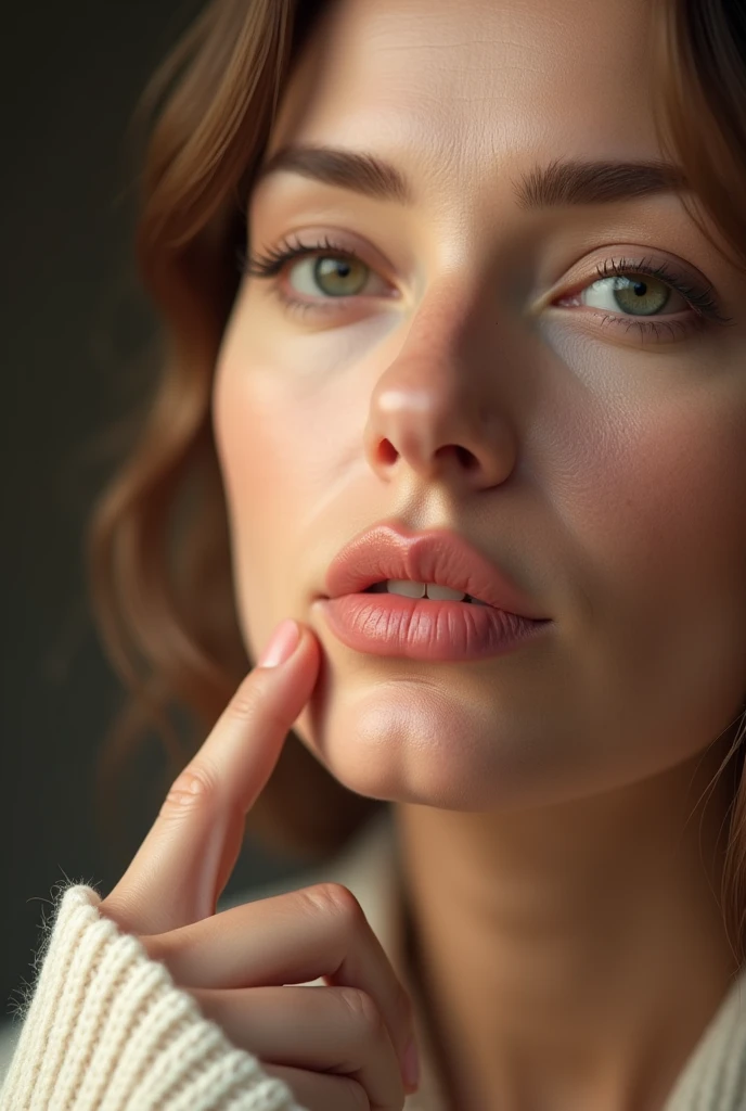 hyper realistic, woman in her 50s, soft lighting, close up on her lips and chin, visible upper lip and visible light brown chin hair, slightly turned off centre, finger pounting at the moustache area