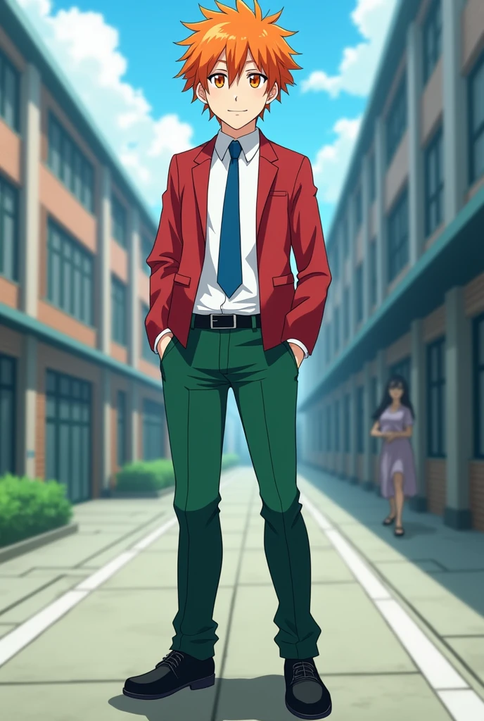 (Ayanokoji), A highscool anime boy who has a very high iq because he has 281 iq. Orange hair, orange eyes, green pants, black shoes, blue tie, white uniform and red jacket, light skin
