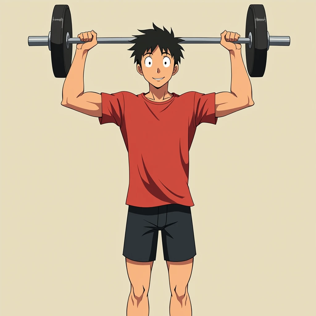 best quality, masterpiece, fill frame, zoomed out, character design, full body, head to toe, studio Ghibli style, poster of handsome young man, slim build, wearing plain red tshirt and black shorts, gentle smile while lifting a straight barbell, no nipples, perfect fingers, perfect hands, perfect face, perfection, no background