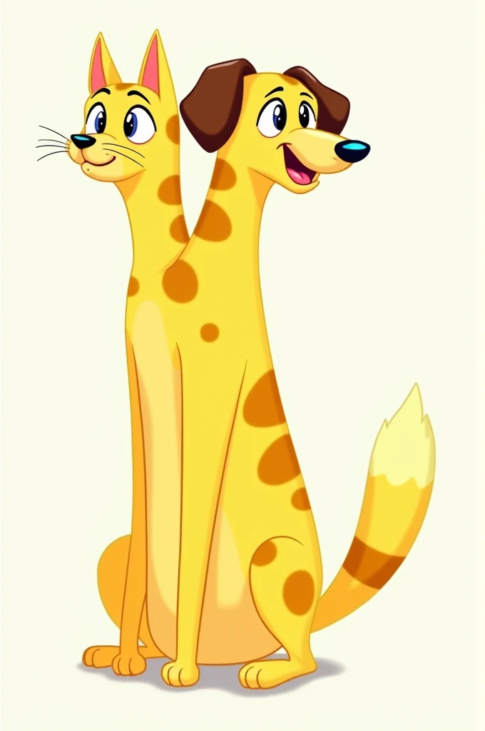 The image depicts a cartoon character named *CatDog*, a fictional creature from the animated TV show of the same name. The character has the body of a long, yellow animal with spots and two heads—one side is a cat, and the other is a dog. The cat's head on the left has wide eyes, pointy ears, and whiskers, while the dog's head on the right has floppy ears, a blue nose, and an eager expression. Both the cat and dog share the same body, which is elongated and has no tail or hind legs, creating a unique, symmetrical creature.