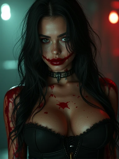 (Masterpiece. UHD. Photorealistic) In a dimly lit room. Blurry background. An ultra hot gorgeous woman. Age 23. Voluptuous hourglass body. Gorgeous face. Epic cleavage. (100 DD size).face staring blankly. A glint of madness in the eyes. Evil surly smile and full red lips.  Joker makeup on the face and neck. Clothes and body covered in blood.(perfect hands).