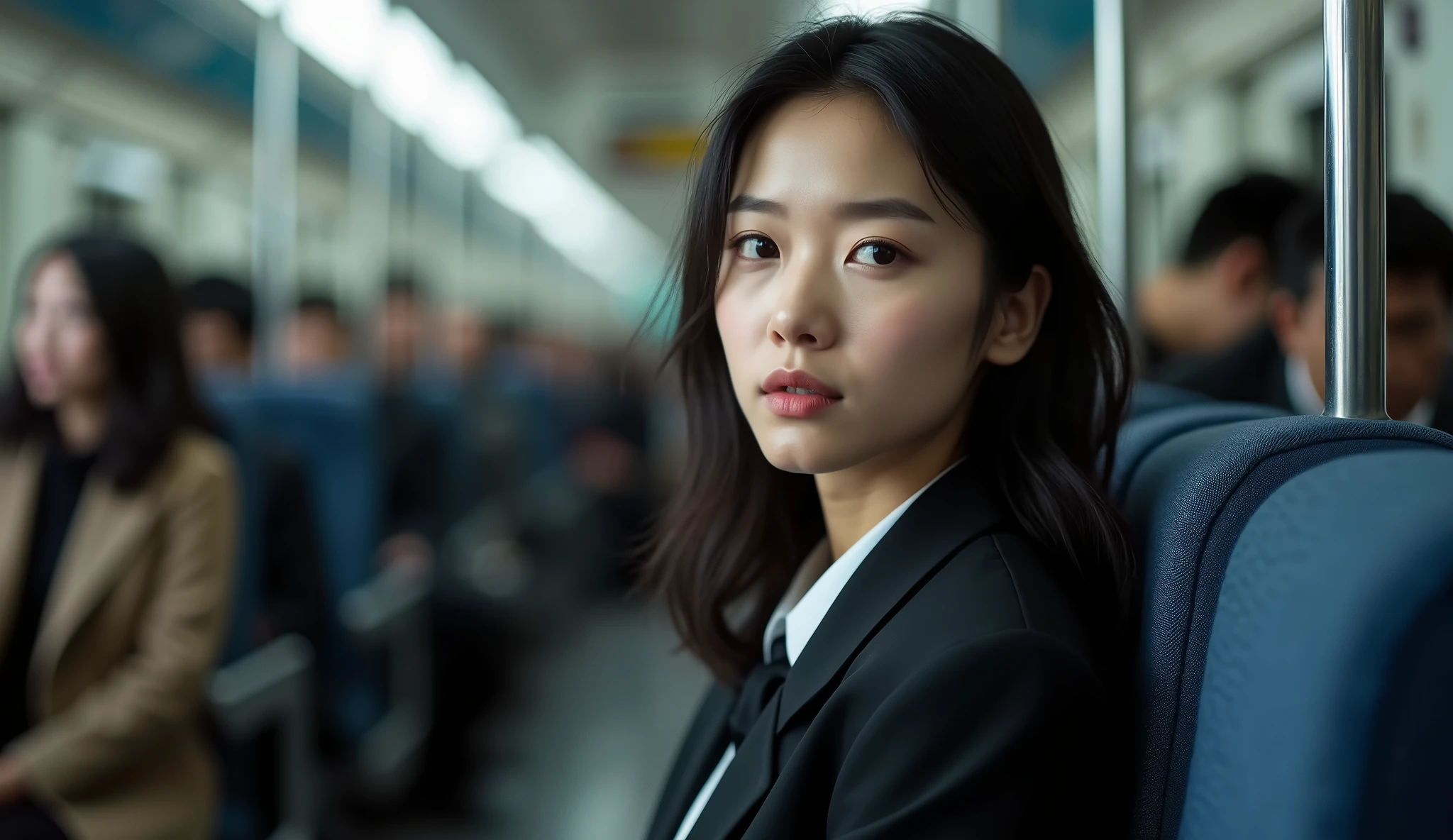 woman in a business suit sitting on a train with other people, a picture by Tadashi Nakayama, pexels contest winner, realism, portrait shot, beautiful asian woman sitting, handsome girl, a young asian woman, young asian woman, girl in suit, japanese model, sat down in train aile, attractive girl, girl in a suit