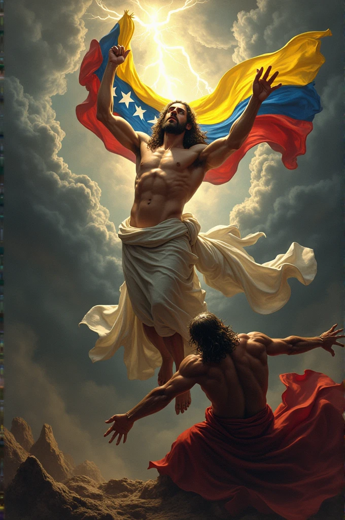 Jesus snatching the Venezuelan flag with its white stars from Satan