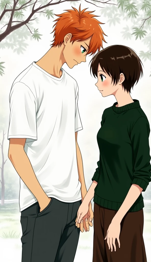 A guy with orange hair and green eyes, a white T-shirt, dark gray pants, holding the hand of a girl with very short dark brown hair, black eyes, in a dark green sweater and dark brown skirts, anime art, masterpiece, realistic, over-detailed, professional quality
