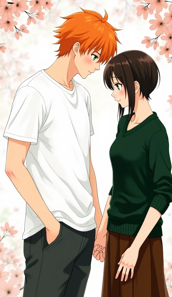A guy with orange hair and green eyes, a white T-shirt, dark gray pants, holding the hand of a girl with very short dark brown hair, black eyes, in a dark green sweater and dark brown skirts, anime art, masterpiece, realistic, over-detailed, professional quality