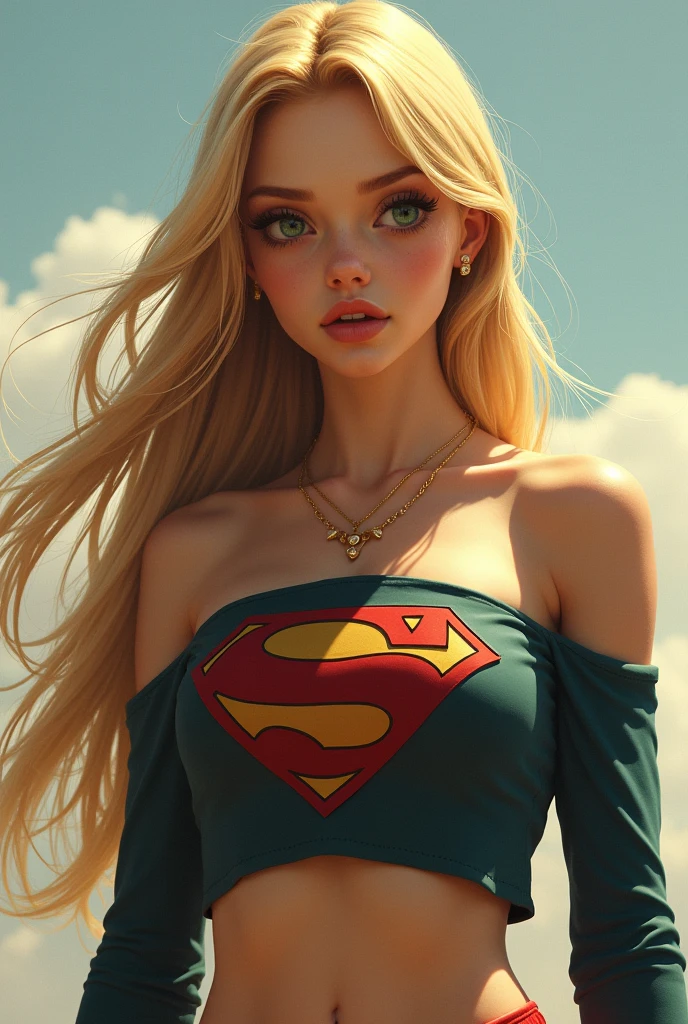 1 girl in, 20 year, standing alone, long hair, Colossal , looking ahead at viewer, hair blonde, hair blonde, bare shoulders, greeneyes, jewelery, all-body, a necklace, off the shoulders, Sweaters, realisitic, A sexy, big boobies, super heroes vest
