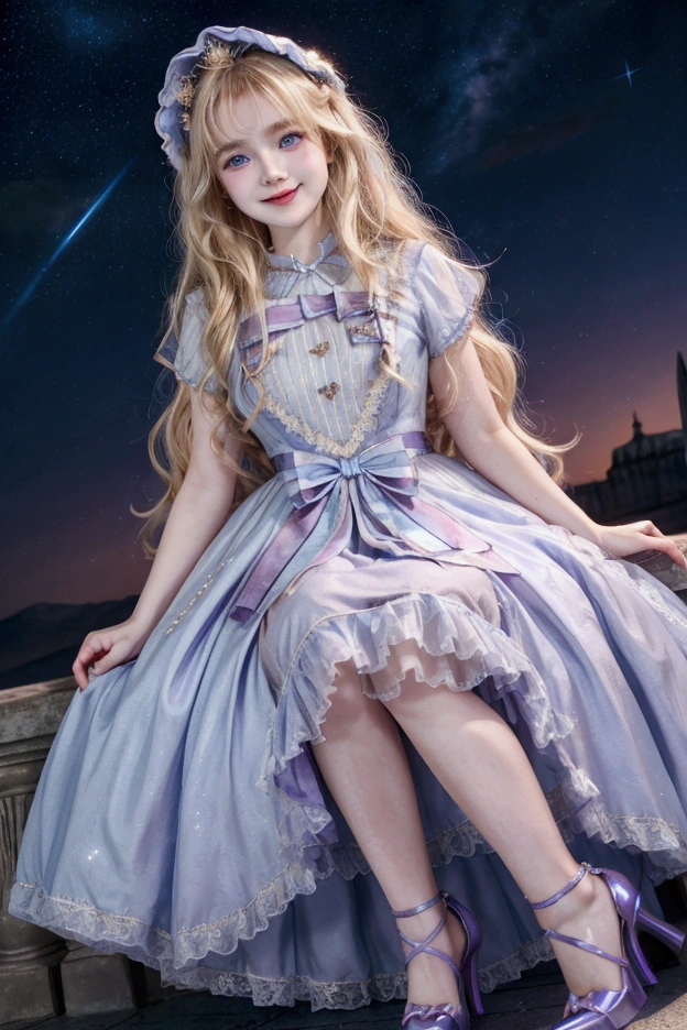 Dramatic light, straight angle, big blue eyes, pretty and cute 16 year old girl, smile, pale white skin, rosy cheeks, princess crowd, wavy messy blonde hair, pastel purple princess dress, high heels, night sky view, stars, stars on dress