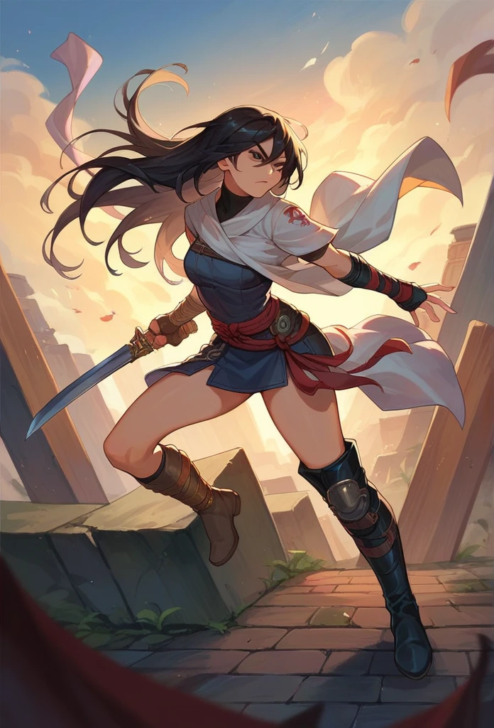 1girl, solo, black hair, long hair, black hair, assassin, high boots, kunai,