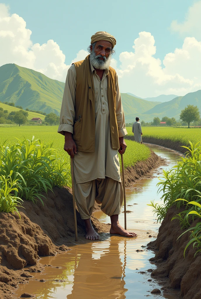 illustration of a pakistani farmer using water for irrigation from poluted canal