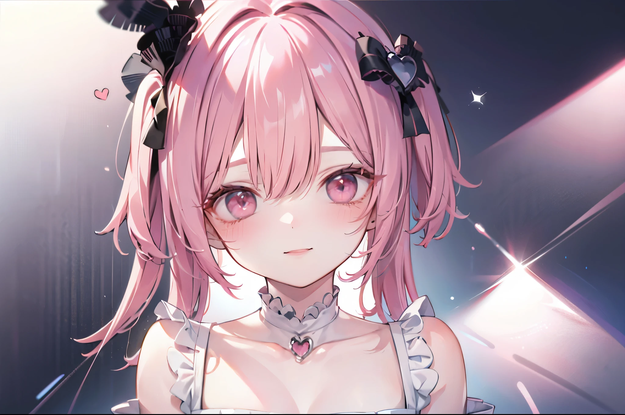 high resolution,smile,woman,woman1人,adult,Clear,cute,Put your hand on your cheek,
open smile,
White ruffled blouse,Black and white fashion,
blunt bangs,Pink Hair,wavy hair,long hair,BREAK,
((Beautiful detailed shining pink eyes))
Ring of Hearts,Sparklingのピアス,BREAK,
Facing forward,Sparkling,BREAK,Pink hearts on a white background,