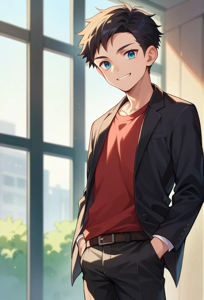 1boy, solo, young boy, black hair, blue eyes, black suit, Red shirt, smile, hands in pockets