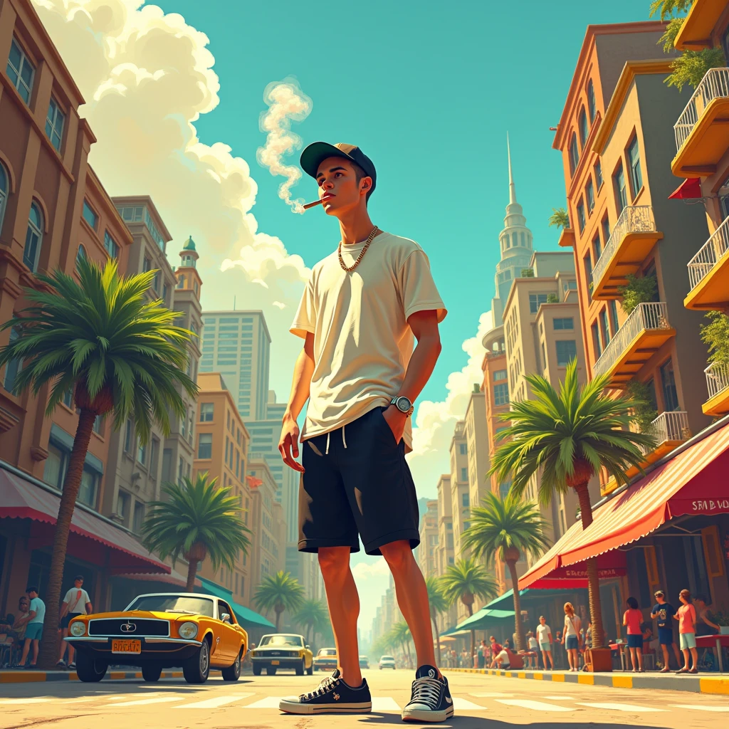 Album Artwork of an urban landscape featuring sunny day and backwards a skinny white boy in the center swearing a white shirt and a black short and a cap and smoking a joint.