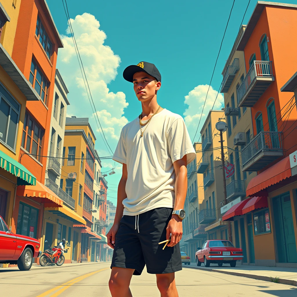 Album Artwork of an urban landscape featuring sunny day and backwards a skinny white boy in the center swearing a white shirt and a black short and a cap and smoking a joint.