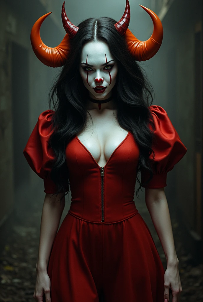 Pennywise woman,in the form of a white-skinned demon with demon horns with red clothes and long, wavy black hair with orange highlights