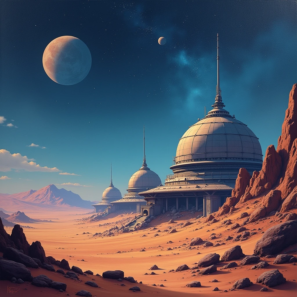 A space exploration base on a distant planet, with domes and antennas under a sky full of stars, futuristic yet rustic design, oil painting style. Smooth and detailed brushstrokes, cosmic colors, deep shadows, sci-fi realism, hd quality