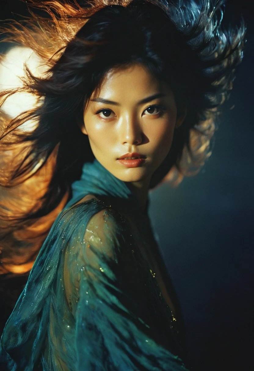 RAW photograph, a beautiful japanese woman, masterpiece, 8k, dslr, amazing natural lighting, deep darks, avant garde, fashion magazine cover, long exposure photography, rich emotive colors, movement of light, high contrast, kodachrome, analog film, 35mm photograph, subsurface scattering, style of Steve McCurry