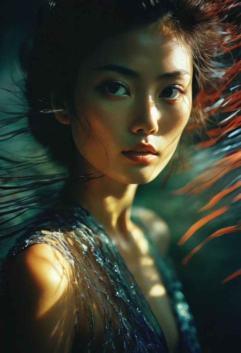 RAW photograph, a beautiful japanese woman, masterpiece, 8k, dslr, amazing natural lighting, deep darks, avant garde, fashion magazine cover, long exposure photography, rich emotive colors, movement of light, high contrast, kodachrome, analog film, 35mm photograph, subsurface scattering, style of Steve McCurry
