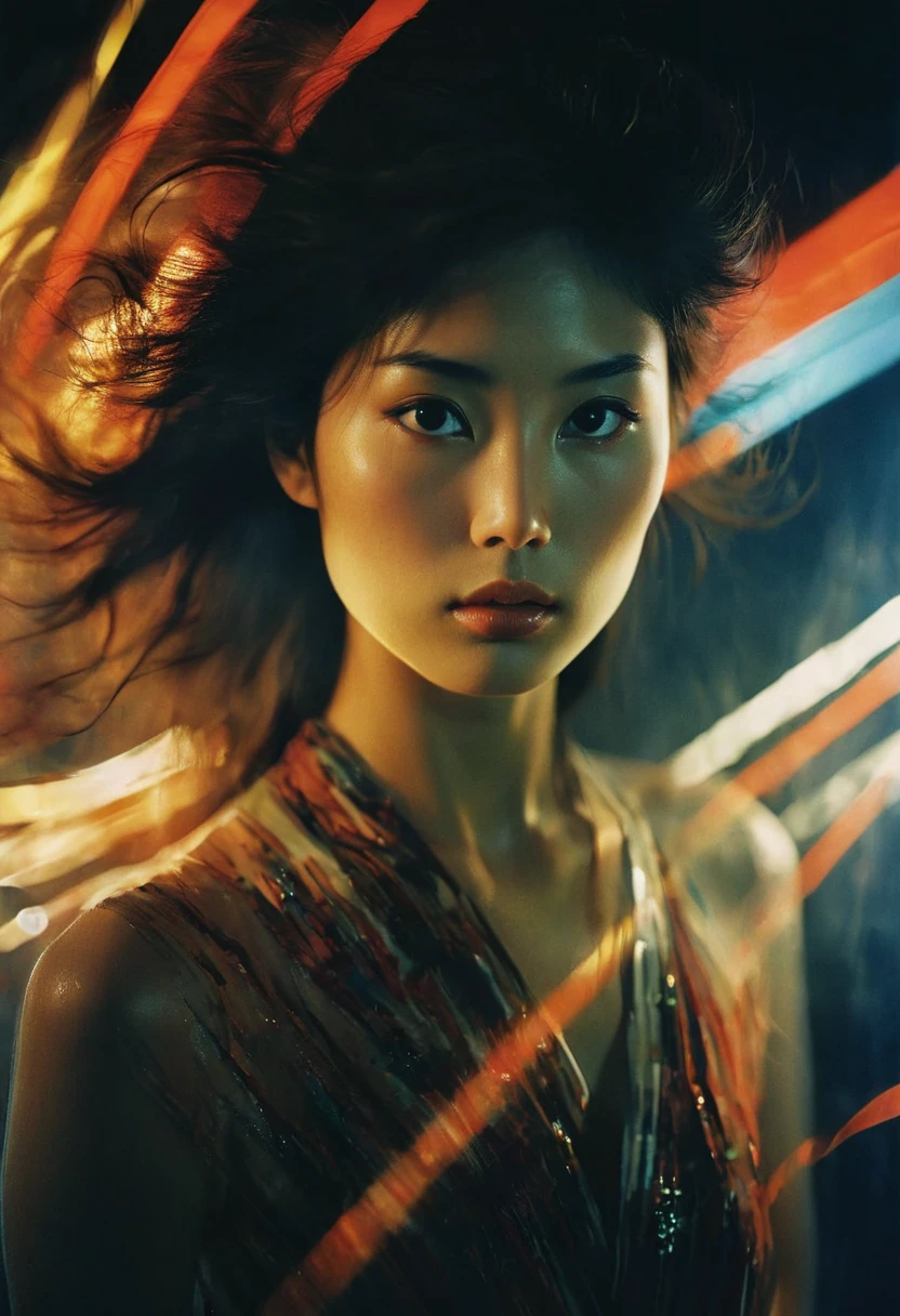 RAW photograph, a beautiful japanese woman, masterpiece, 8k, dslr, amazing natural lighting, deep darks, avant garde, fashion magazine cover, long exposure photography, rich emotive colors, movement of light, high contrast, kodachrome, analog film, 35mm photograph, subsurface scattering, style of Steve McCurry