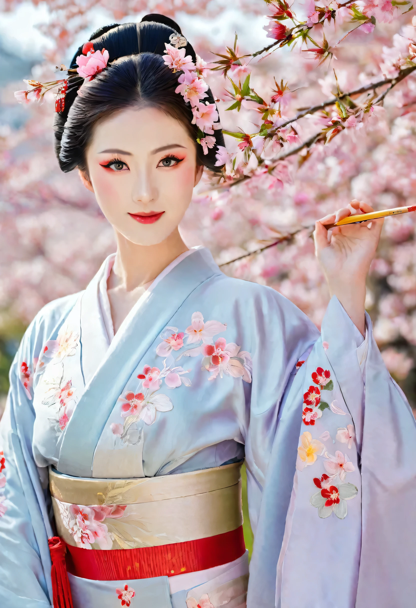 (A geisha stands gracefully under a cherry blossom, Look back and smile: 1.37), Pink cherry blossom petals next々And they scatter, (whole body) The face base makeup has no highlight or shadow decoration. Foundation covers the entire face and neck. Red lip makeup、The area of the mouth that is smaller than normal lips. A thin eyeliner pencil can accentuate the contours of your eyes., Strengthen your eyes, Makes pupils appear darker and deeper. Straight eyebrows are not only eye-catching、Informal, Cleanse the entire face. Typical Japanese Geisha makeup, Wearing a gorgeous kimono embroidered with red and gold cherry blossoms, This is a long-sleeved kimono, Wearing clogs, Realistic depiction of light and shadow, Realistic and exaggerated photos, super high quality, Super Details, Cinematic shots, Shallow depth of field