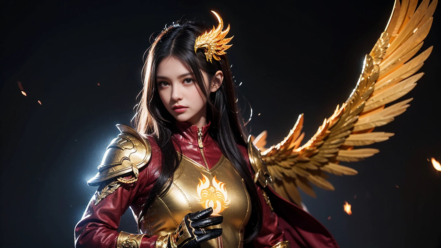 (Upper Body:1.3), One person,Hornick Keeper, Fireproof suit with golden phoenix emblem, Obsidian grille fire enclosure, Phoenix nest with glittering golden wings, Talon gloves for wielding the Phoenix, Fire Ruby to Feed the Phoenix,