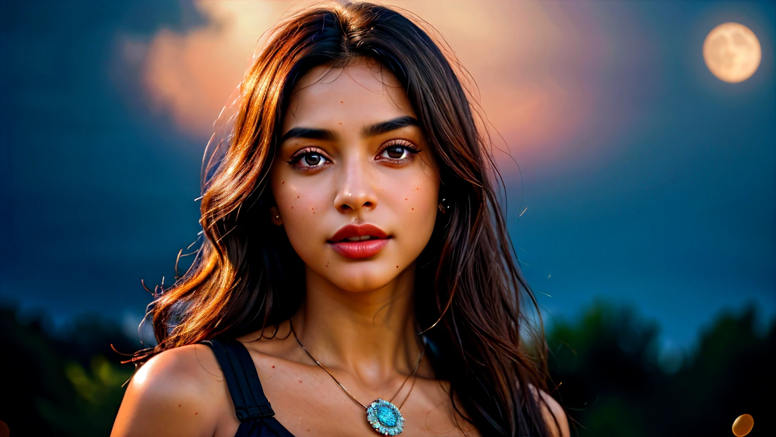 half body ((vivid brown hair)), mature indian woman, large breasts,  20 years old, diamond face, headphone on head, is enjoying the music,moonlight, red starry sky background, depth of field, magic, big red lips, ((dark black eyes)) black and red long and full dress, covered chest, mystical atmosphere, ominous shadows, Intense blue aura, Intense red aura (best quality:1.2), absurdres, intricate details, (highly detailed skin:1.2), smile expression, posing, taut and well defined body, attractive. Highly realistic, brown skin, beautiful, hyperrealism, skin very elaborated, direct gaze, (RAW, analogue, Nikon Z 14mm ultra-wide angle lens, award-winning glamour photograph, ((best quality)), ((masterpiece)), ((realistic)), skin pores, subsurface scattering, high-res, detailed facial features, high detail, sharp focus, smooth, aesthetic, extremely detailed, (extremely detailed eyes, extremely detailed iris), extremely detailed hair, extremely detailed skin, extremely detailed clothes, octane render, photorealistic, realistic, post-processing, max detail, realistic shadows, roughness, natural skin texture, real life, ultra-realistic, photorealism, photography, 8k UHD, photography, hdr, intricate, elegant, highly detailed, sharp focus, stunning, beautiful, gorgeous), realistic, masterpiece, highest quality, movie still, cloud girl, floating in the sky, (close-up:1.1), medium breast, bright, happy, fun, soft lighting,