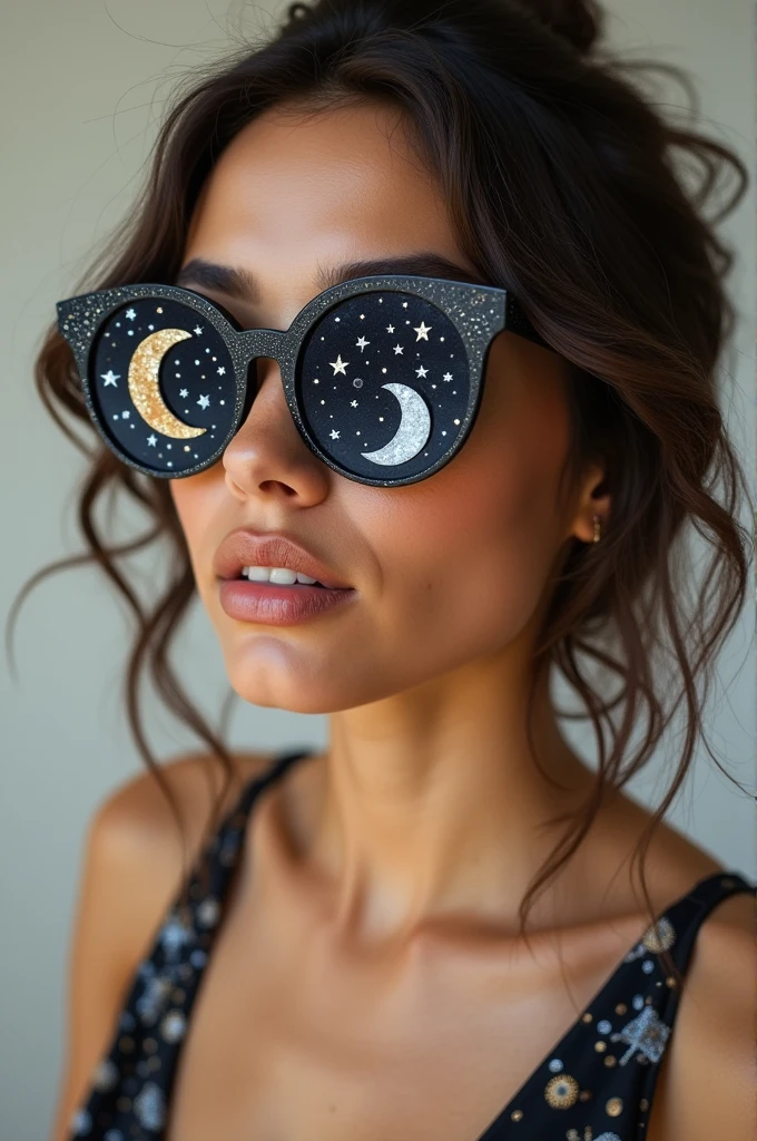 The model is wearing glass sunglasses with stars and the moon on the glass