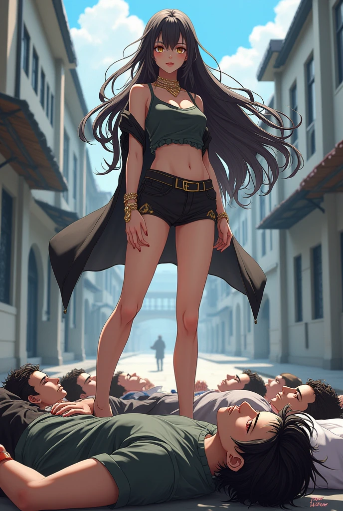 A anime beautiful girl with long hair and stomping on men