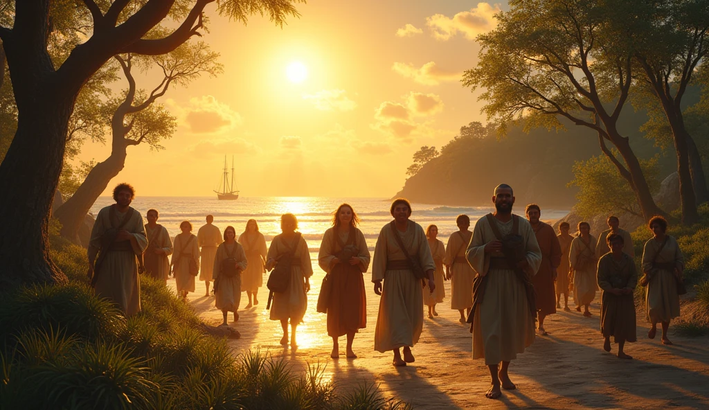 Image Prompt: A hopeful scene of the new 115 settlers arriving at Roanoke Island, with smiles on their faces as they set foot on land, ready to build their new lives, with a bright sun shining overhead.