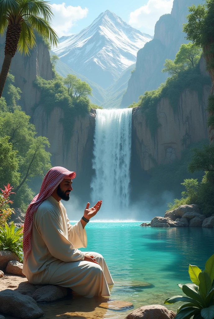 a dream arabian jungle valley and mountain were beautiful water pound and pound side sitting arabic adult man washing the face and hands