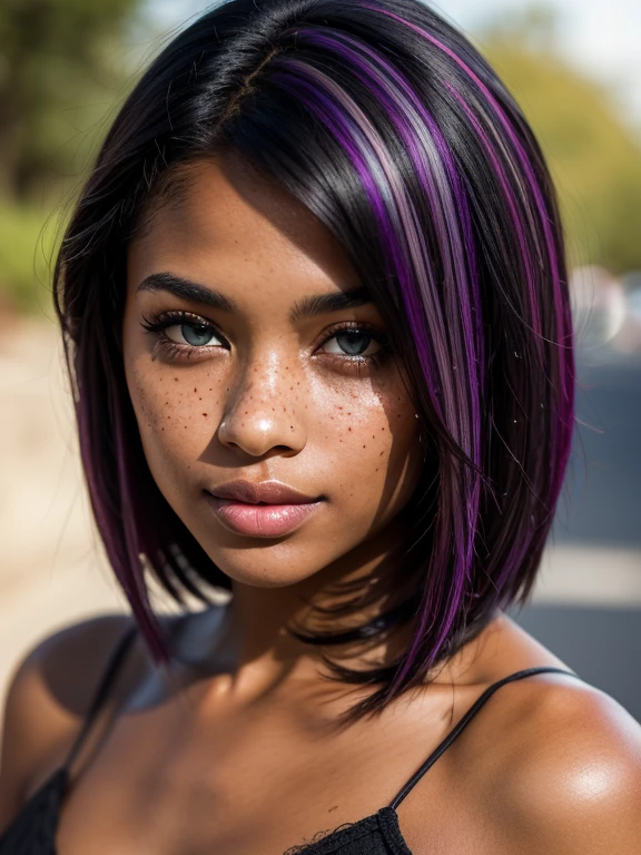 A girl with black hair with purple highlights, greeneyes, freckles and dark skin