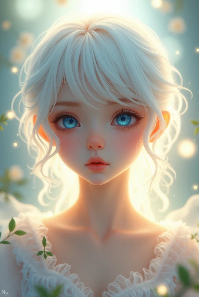 White hair, cute teenager, blue eyes, pouring light