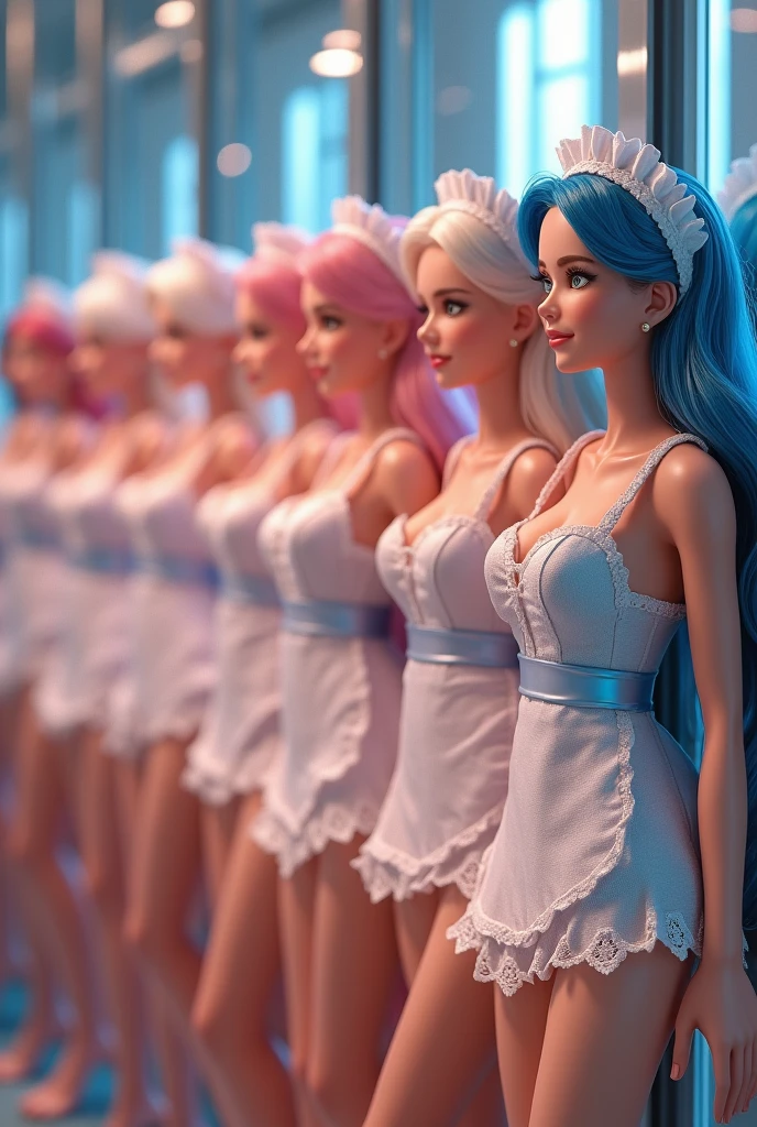(Full Body of Extremely detailed((Sex doll maid group in a row:1.37))), KAWAII perfect face, Reflective eyes, detailed(Delicate clothing textures), Correct Leg Line, dynamic, happy expressions, lifelike representation, Mirror reflection, TopQuality 8K Ultra-detailed Masterpiece (ProfessionalPhoto:1.37), (Sharpness:0.8), (luminism:1.28), (Renaissance art style), colorful light particles, ((Full body From the side)), {Micro mini skirt|kiss|pectoral lift|undress|Thigh gap|AssFocus|(Naked apron with overflowing sideboobs)}, Radiant, fine skin with transparency, (suspended:0.4), (Different types of anime hair colors){pinkies Hair|Blue hair|platinum blonde|Pure white hair|liquid hair}, perfect lightning